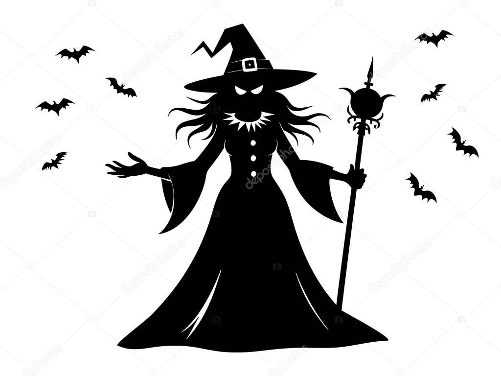 Black silhouette of a witch isolated on a white background. Concept of Halloween, magic, spooky character, witchcraft symbol. Print, icon, design element.