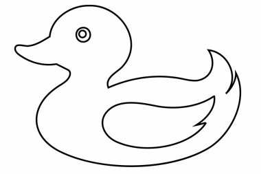 Beyaz arka planda izole edilmiş siyah bir ördek çizgisi. Banyo oyuncağı ördek ikonu. Minimalizm kavramı, banyo oyuncağı, basit tasarım. Yazdır, simge, logo, şablon, tasarım ögesi, renklendirme sayfası