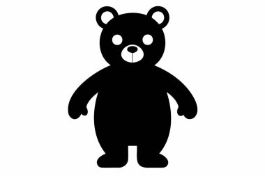 Beyaz arka planda duran siyah bir oyuncak ayı silueti. Şirin bebek peluş ayı. Çocuk oyuncakları, çocukluk, eğlence, oyun, oyun zamanı, minimalist tasarım. Yazdırma, simge, tasarım elemanı. Grafik sanatı