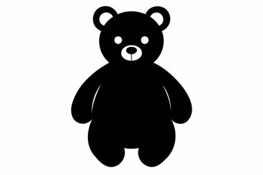 Beyaz arka planda izole edilmiş siyah oyuncak ayı silueti. Şirin bebek peluş ayı. Çocuk oyuncakları, çocukluk, eğlence, oyun, oyun zamanı, minimalist tasarım. Yazdır, simge, tasarım ögesi