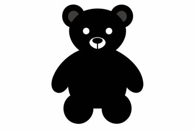 Beyaz arka planda izole edilmiş siyah oyuncak ayı silueti. Şirin bebek peluş ayı. Çocuk oyuncakları, çocukluk, eğlence, oyun, oyun zamanı, minimalist tasarım. Yazdır, simge, tasarım ögesi