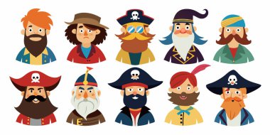 Beyaz arka planda izole edilmiş renkli çizgi film korsanları. Korsan karakterler, maceraperestler, mizah anlayışı, eğlenceli çocukların çizimleri. Yazdırma, tasarım ögesi, grafik sanatı.