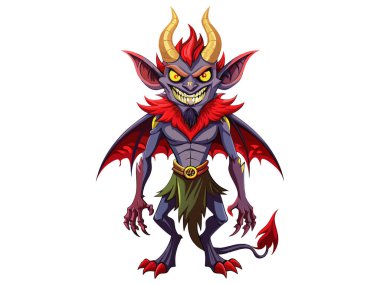 Beyaz arka planda parlayan gözleri olan çizgi film karakteri. Cadılar Bayramı kavramı, fantezi yaratığı, mitolojik şeytan, kötü şeytan, dijital sanat. Yazdırma, resimleme, tasarım ögesi.