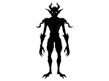 Beyaz bir arka planda izole edilmiş siyah bir şeytan karakteri. Cadılar Bayramı kavramı, fantezi yaratığı, mitolojik şeytan, kötü şeytan, dijital sanat. Yazdırma, resimleme, tasarım ögesi