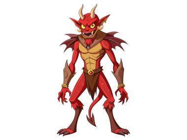 Beyaz arka planda parlayan gözleri olan çizgi film karakteri. Cadılar Bayramı kavramı, fantezi yaratığı, mitolojik şeytan, kötü şeytan, dijital sanat. Yazdırma, resimleme, tasarım ögesi.