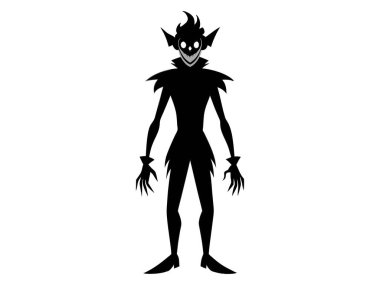 Beyaz bir arka planda, tüyler ürpertici bir sırıtışı olan kötü palyaçonun siyah silueti. Cadılar Bayramı konsepti, sirk göstericisi, korku, ürkütücü karakter. Yazdırma, sanat, tasarım ögesi, illüstrasyon