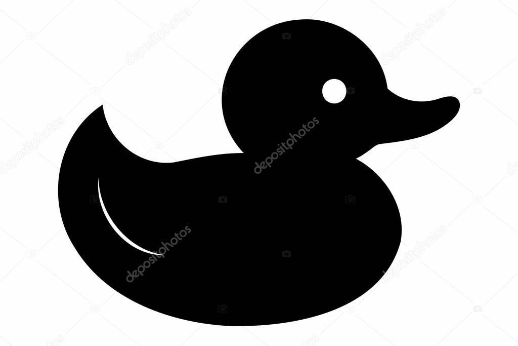 Black silhouette of a rubber duck isolated on a white background. Bath toy duck icon. Concept of minimalism, bath toy, simple design. Print, icon, logo, template, design element