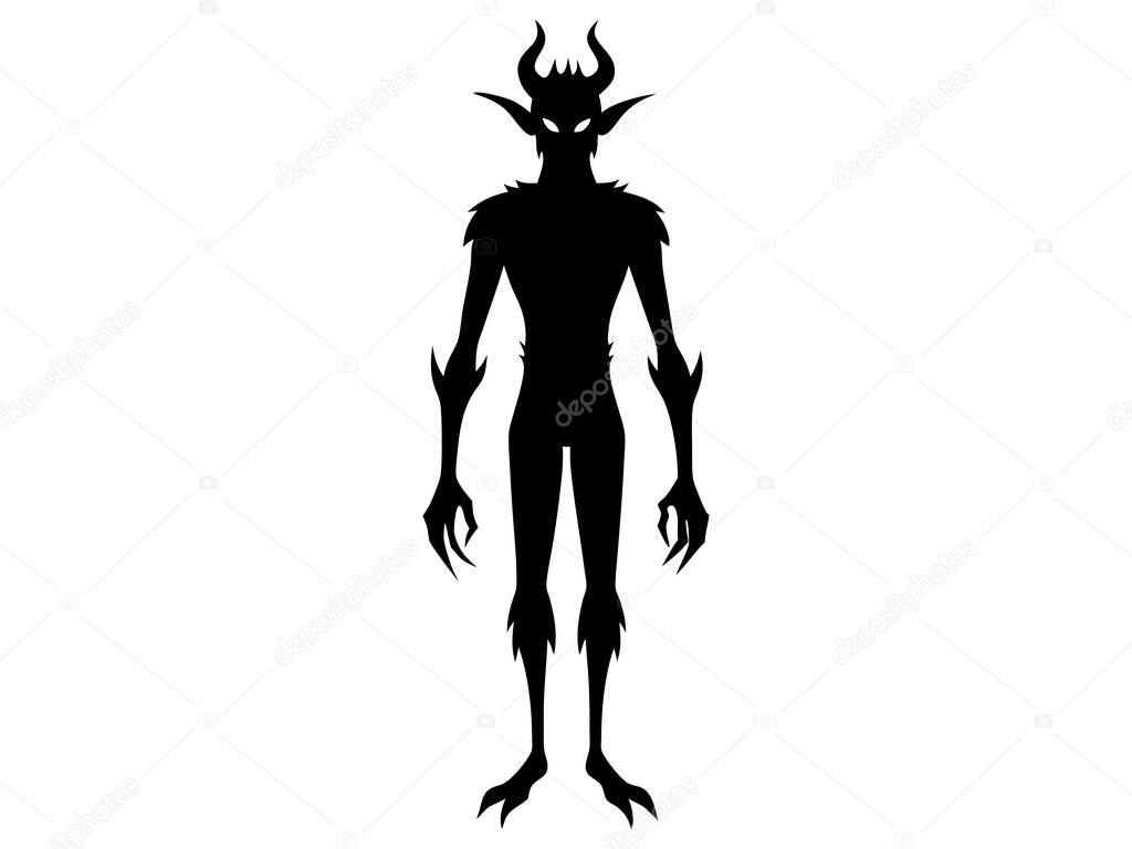 Black silhouette of devil character isolated on a white background. Concept of Halloween, fantasy creature, mythical demon, villainous imp, digital art. Print, illustration, design element