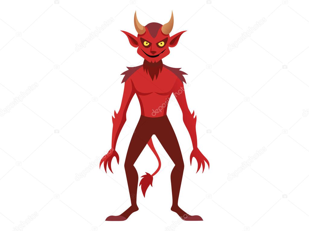 Cartoon devil character with glowing eyes isolated on a white background. Concept of Halloween, fantasy creature, mythical demon, villainous imp, digital art. Print, illustration, design element.