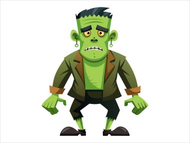 Yeşil Frankenstein canavarı beyaz arka planda izole edilmiş. Cadılar Bayramı kavramı, korku karakteri, komik stili, ürkütücü yaratık. Yazdır, simge, tasarım ögesi.