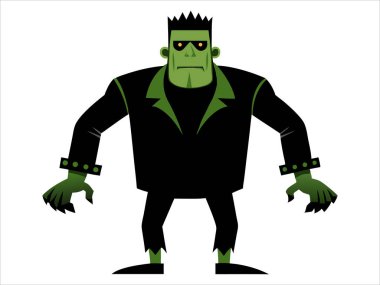 Yeşil Frankenstein canavarı beyaz arka planda izole edilmiş. Cadılar Bayramı kavramı, korku karakteri, komik stili, ürkütücü yaratık. Yazdır, simge, tasarım ögesi.