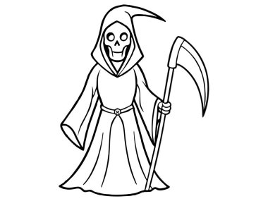 Azrail 'in siyah çizgisi beyaz arka planda izole edilmiş. Ölüm kavramı, ürkütücü figür, minimalist tarz, Cadılar Bayramı. Yazdır, dijital sanat, illüstrasyon, tasarım ögesi