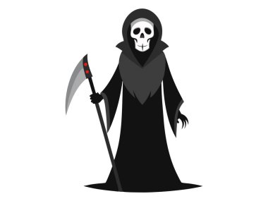 Azrail 'in siyah silueti beyaz arka planda izole edilmiş. Ölüm kavramı, ürkütücü figür, minimalist tarz, Cadılar Bayramı. Yazdır, dijital sanat, illüstrasyon.