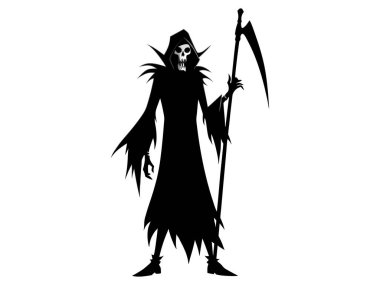 Azrail 'in siyah silueti beyaz arka planda izole edilmiş. Ölüm kavramı, ürkütücü figür, minimalist tarz, Cadılar Bayramı. Yazdır, dijital sanat, illüstrasyon, tasarım ögesi