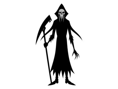Azrail 'in siyah silueti beyaz arka planda izole edilmiş. Ölüm kavramı, ürkütücü figür, minimalist tarz, Cadılar Bayramı. Yazdır, dijital sanat, illüstrasyon, tasarım ögesi