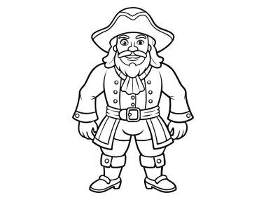 Beyaz arka planda izole edilmiş siyah çizgi film korsanı. Korsan kavramı, Cadılar Bayramı, denizcilik karakteri, maceraperest figür, çocuk çizimi. Yazdırma, tasarım ögesi, grafik sanatı