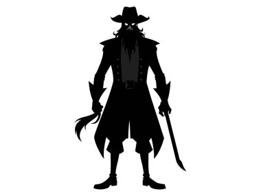 Beyaz arka planda izole edilmiş siyah korsan silueti. Korsan kavramı, Cadılar Bayramı, denizcilik karakteri, maceraperest figür, çocuk çizimi. Yazdırma, tasarım ögesi, grafik sanatı