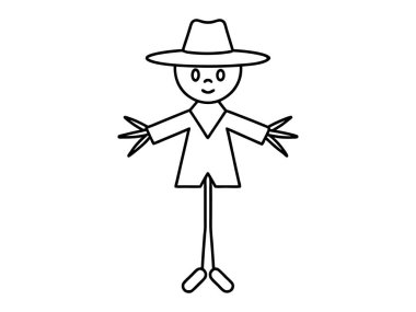 Beyaz arka planda izole edilmiş cadı şapkası ve giysisi olan siyah korkuluk çizgisi. Cadılar Bayramı konsepti, sonbahar, ürkütücü karakter, çiftlik dekorasyonu. Yazdırma, dijital sanat, tasarım ögesi.