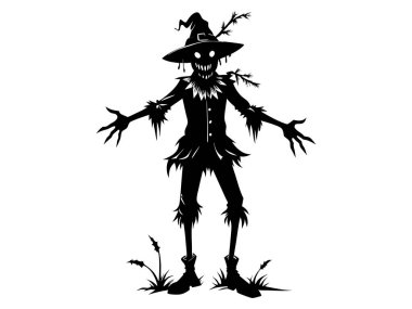 Beyaz arka planda izole edilmiş cadı şapkası ve giysisi olan siyah korkuluk silueti. Cadılar Bayramı konsepti, sonbahar, ürkütücü karakter, çiftlik dekorasyonu. Yazdırma, dijital sanat, tasarım ögesi