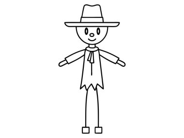 Beyaz arka planda izole edilmiş cadı şapkası ve giysisi olan siyah korkuluk çizgisi. Cadılar Bayramı konsepti, sonbahar, ürkütücü karakter, çiftlik dekorasyonu. Yazdırma, dijital sanat, tasarım ögesi.