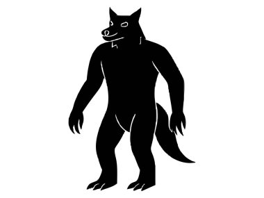 Beyaz arka planda izole edilmiş siyah bir kurt adam silueti. Cadılar Bayramı karakteri kavramı, efsanevi yaratık, canavar, korku, fantezi, kabus. Yazdırma, tasarım ögesi, resimleme