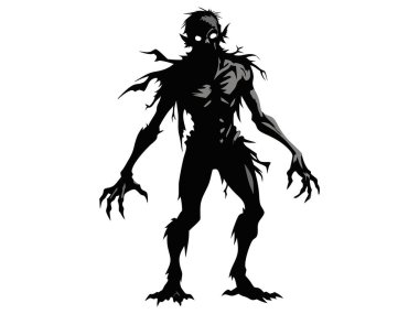 Beyaz arka planda izole edilmiş korkunç zombi çizgi filminin siyah silueti. Ölümsüz canavar kavramı, korku çizimi, Cadılar Bayramı karakteri, ürkütücü tasarım unsuru. Yazdır, sanat