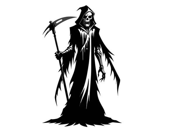 Azrail 'in siyah silueti beyaz arka planda izole edilmiş. Ölüm kavramı, ürkütücü figür, minimalist tarz, Cadılar Bayramı. Yazdır, dijital sanat, illüstrasyon, tasarım ögesi