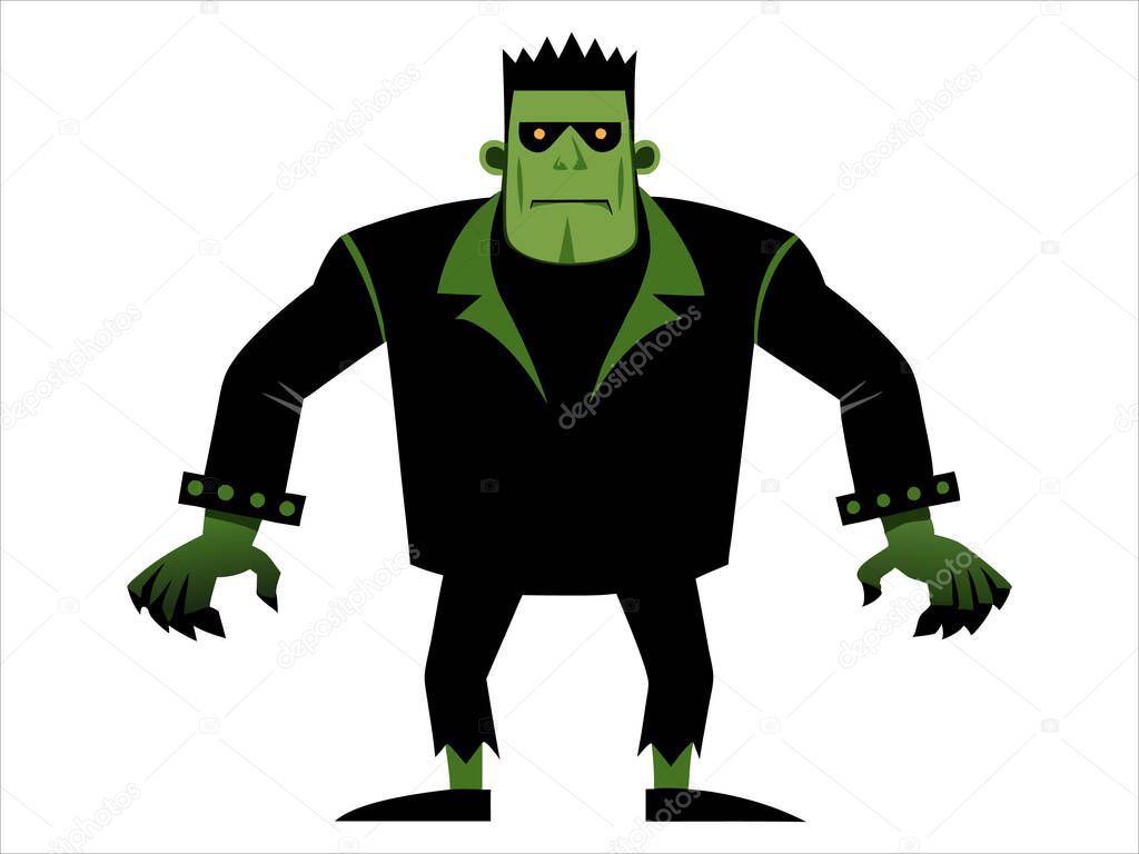 Green Frankenstein monster isolated on a white background. Concept of Halloween, horror character, comic style, spooky creature. Print, icon, design element.
