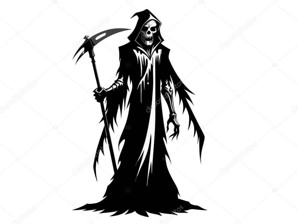 Black silhouette of the Grim Reaper isolated on a white background. Concept of death, spooky figure, minimalist style, Halloween. Print, digital art, illustration, design element