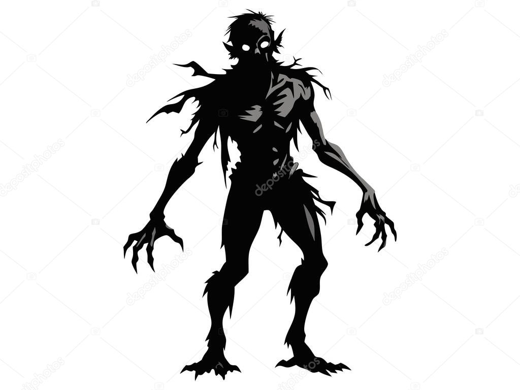 Black silhouette of scary cartoon zombie creature isolated on a white background. Concept of undead monsters, horror illustration, Halloween character, spooky design element. Print, art