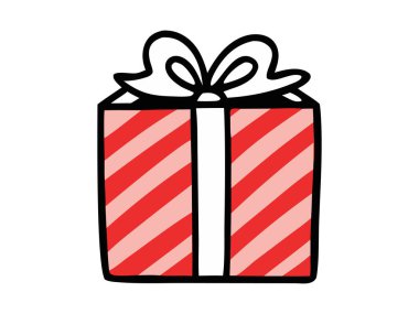 Kırmızı ve beyaz Noel hediye kutusu beyaz arka planda izole edilmiş. Tatil hediyesi kavramı, şenlikli dekorasyon, minimalist tarz, paketlenmiş paket. Yazdırma, tasarım ögesi, grafik sanatı.