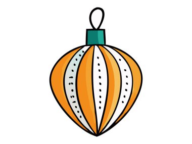 Beyaz arka planda izole edilmiş çizgili Noel süsü. Tatil dekorasyonu, şenlik tasarımı, minimalist stil, mevsimlik dekorasyon. Yazdır, simge, sanat ögesi.