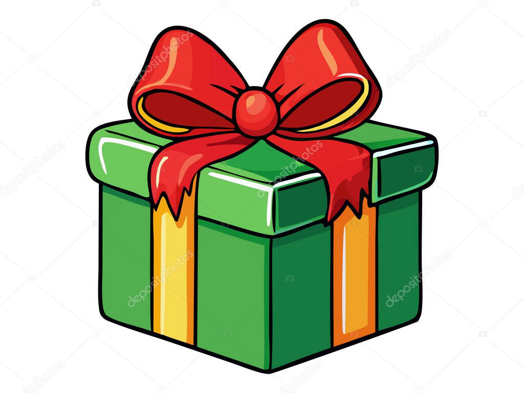 Christmas Gift box with a ribbon isolated on a white background. Concept of present, celebratory packaging, festive gift, minimalist style. Print, icon, design element.