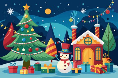 Kardan adam ve hediyelerle süslenmiş Noel sahnesi. Bayram kutlaması kavramı Kış Harikalar Diyarı neşeli mevsimi. Yazdırma, tasarım, illüstrasyon, grafik.