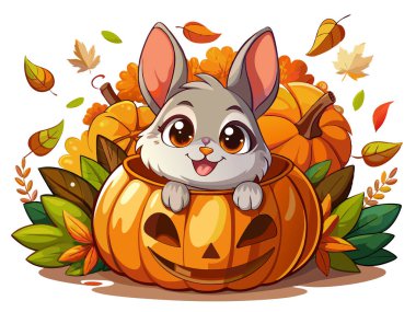 Sonbahar yapraklarıyla çevrili, oyulmuş bir balkabağından fırlayan sevimli tavşan. Cadılar Bayramı konsepti, sonbahar sezonu, şenlikli illüstrasyon, tapılası hayvan. Yazdırma, tasarım ögesi, grafik sanatı.