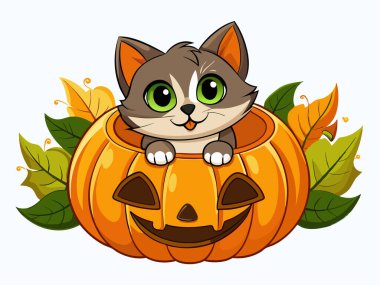 Sonbahar yapraklarıyla oyulmuş bir balkabağının içindeki şirin çizgi film kedisi. Cadılar Bayramı konsepti, şenlikli dekorasyon, sevimli kedi yavrusu, tatil illüstrasyonu. Yazdırma, tasarım ögesi, sanat.