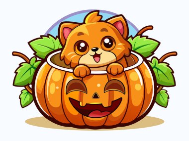 Sonbahar yapraklarıyla oyulmuş bir balkabağının içindeki şirin çizgi film kedisi. Cadılar Bayramı konsepti, şenlikli dekorasyon, sevimli kedi yavrusu, tatil illüstrasyonu. Yazdırma, tasarım ögesi, sanat.