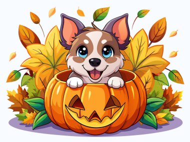 Düşen yapraklar ve balkabaklarıyla çevrili oyulmuş bir balkabağı içinde şirin bir çizgi film köpeği. Sonbahar, Cadılar Bayramı, neşeli hayvan, neşeli köpek resimleri, küçük köpek yavrusu, baskı, grafik tasarımı.