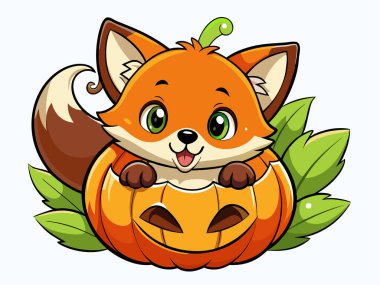 Sonbahar yapraklı ve arka planında bitkiler olan süslü bir balkabağının içindeki şirin tilki. Cadılar Bayramı konsepti, sonbahar, sevimli orman hayvanı, mevsimsel illüstrasyon, doğa grafiği. Yazdır, tasarım ögesi.