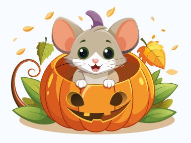 Beyaz arka planda balkabağının içinde şirin bir çizgi roman faresi. Cadılar Bayramı konsepti, sonbahar sezonu, tapılası hayvan, şenlikli illüstrasyon. Yazdır, simge, tasarım ögesi.