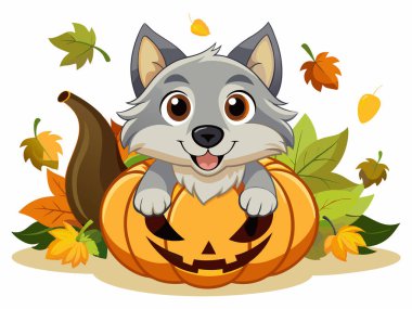 Cadılar Bayramı temalı bir ortamda oyulmuş balkabakları ve sonbahar yapraklarıyla sevimli bir kurt yavrusu. Festivalsel hayvan sanatı, mevsimsel illüstrasyon ve bayram kutlaması kavramı. Yazdır, tasarım ögesi.