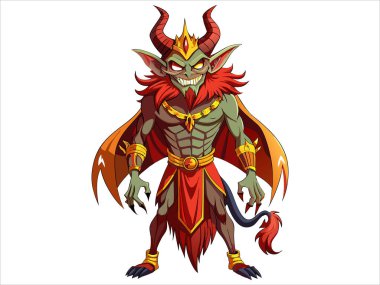 Şeytan beyaz arka planda izole edilmiş. Boynuzlu şeytani yaratık. Canavar sanatı kavramı, fantezi karakteri, kötü ruh, dijital sanat eseri. Yazdırma, tasarım, vektör grafiği.