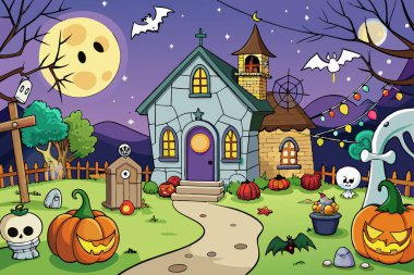 Haunted house with ghosts and pumpkins under a full moon. Concept of Halloween, spooky night, cartoon style, festive decoration. Graphic, illustration, design. clipart