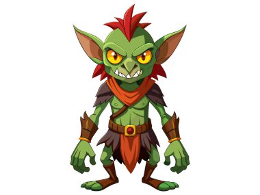 Beyaz arka planda izole edilmiş, çizgi film tarzında yeşil bir cin. Cadılar Bayramı kavramı, fantezi karakteri, troll, efsanevi yaratık, oyuncu sanat eseri, kaprisli illüstrasyon. Yazdır, tasarım ögesi.