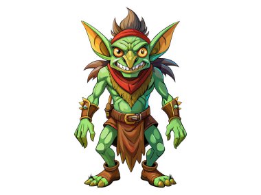 Beyaz arka planda izole edilmiş, çizgi film tarzında yeşil bir cin. Cadılar Bayramı kavramı, fantezi karakteri, troll, efsanevi yaratık, oyuncu sanat eseri, kaprisli illüstrasyon. Yazdır, tasarım ögesi.