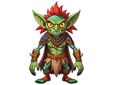 Beyaz arka planda izole edilmiş, çizgi film tarzında yeşil bir cin. Cadılar Bayramı kavramı, fantezi karakteri, troll, efsanevi yaratık, oyuncu sanat eseri, kaprisli illüstrasyon. Yazdır, tasarım ögesi.