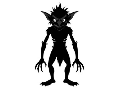 Beyaz arka planda izole edilmiş bir goblinin siyah silueti. Cadılar Bayramı kavramı, efsanevi yaratık, trol, fantezi karakteri, ürkütücü illüstrasyon, tasarım sanatı..