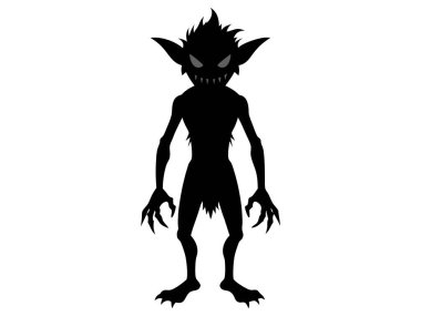 Black silhouette of a goblin isolated on a white background. Concept of Halloween, mythical creature, troll, fantasy character, eerie illustration, design art. clipart