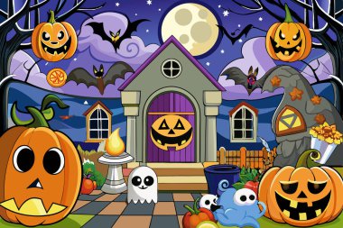 Cadılar Bayramı perili ev ve balkabaklarıyla ürkütücü bir gece sahnesi. Cadılar Bayramı illüstrasyonu, korkunç dekorasyonlar, çizgi film sanatı, festival teması. Yazdır. Kartpostal.