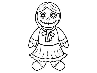 Black outline of a haunted doll with stitched smile and button eyes isolated on white background. Concept of spooky character, Halloween decoration, rag doll, creepy toy, and minimalist illustration. clipart